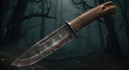 Bloody knife in a dark forest