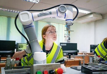 Robot arm technology demonstration in a laboratory setting with a focused technician
