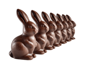 Chocolate bunny parade easter celebration food whimsical isolated on transparent background, png