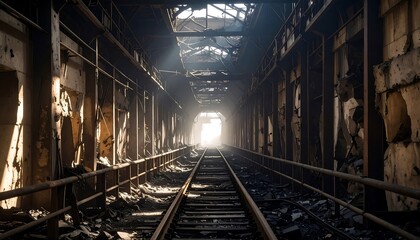 Fototapeta premium Railroad Track in Abandoned Tunnel with Light at End