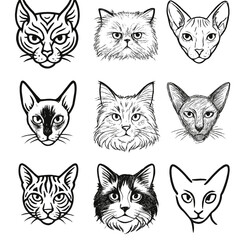 Fototapeta premium Artistic Cat Head Icons. Outline style icons of Artistic Cat Head Icons: tattoo-style cat head, sketchy Persian face, stippled