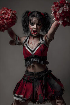 Haunting Halloween Night: Zombie Cheerleader Strikes a Spooky Pose in Tattered Red and Black Ensemble with Creepy Cheer and Eerie Atmosphere!