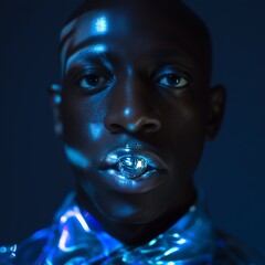 Fashionable male model showcasing a unique metallic sphere accessory held between lips, illuminated by vibrant neon lights, creating a futuristic and stylish aesthetic. 