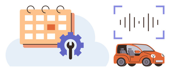 Calendar with gear icon, sound wave diagram, orange car. Ideal for automotive maintenance, scheduling, diagnostics, technology, automation efficiency planning. Minimal flat metaphor