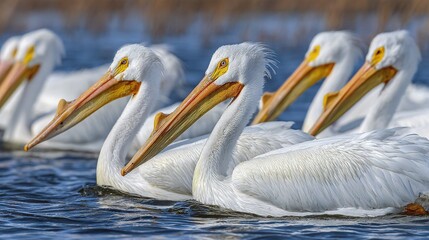   A flock of white pelicans gliding over water alongside a lush green shore
