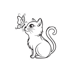 Black and white line art of a kitten and butterfly