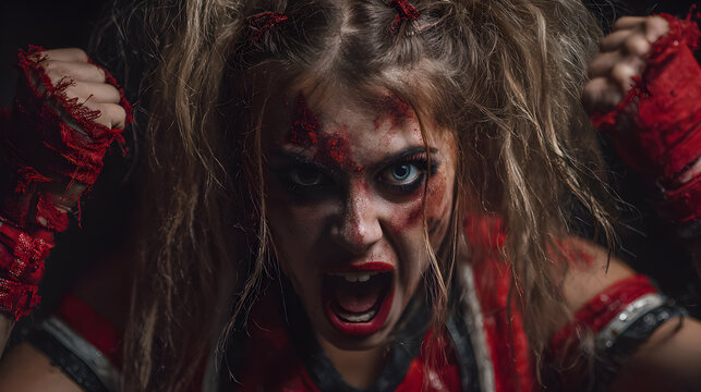 Haunting Halloween Night: Zombie Cheerleader Strikes a Spooky Pose in Tattered Red and Black Ensemble with Creepy Cheer and Eerie Atmosphere!