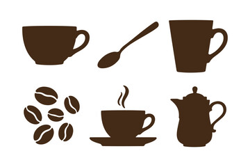 Coffee icons featuring cups spoons beans and a teapot