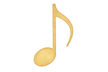 Golden cookie shaped like an eighth note, fusing music and pastry ideas against a clear backdrop