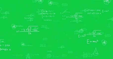 Math, Science, Physics, Mathematics Formula Equation Calculation White Handwriting Text Loop Animation Overlay Effect On Green Screen Background. Formula Mathematic Equation Calculating. 4K - Powered by Adobe