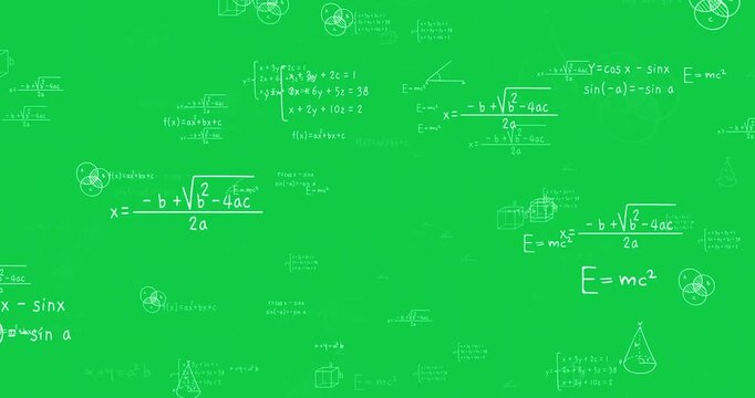 Math, Science, Physics, Mathematics Formula Equation Calculation White Handwriting Text Loop Animation Overlay Effect On Green Screen Background. Formula Mathematic Equation Calculating. 4K - Powered by Adobe