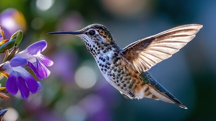 Fototapeta premium A close-up of a hummingbird flying near a flower with purple and white petals in the foreground