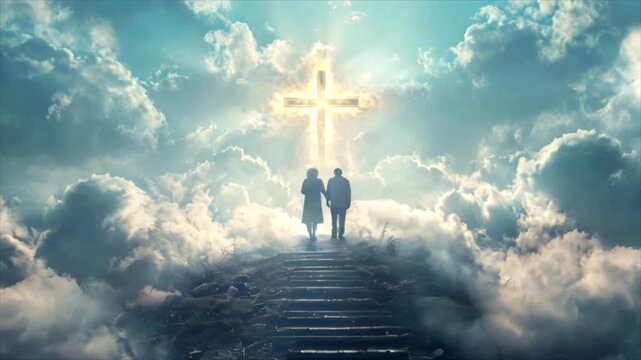 Elderly couple walking upstairs to the shining cross symbolizing heaven or Christian paradise among clouds in the sky. Life end and time passing concept