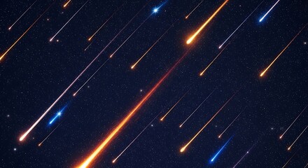 Streaks of light, resembling shooting stars or meteor showers, fall diagonally across a dark blue, starry night sky.