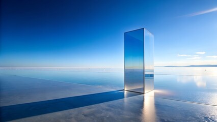Photo of monolith reflecting the sky in a surreal landscape with a minimalist and modern aesthetic