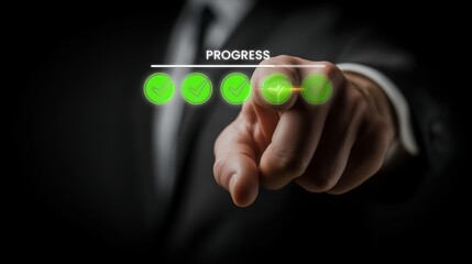 Businessman in suit pointing at illuminated green progress bar with completed check marks symbolizing business advancement, project completion, workflow efficiency, and successful achievements