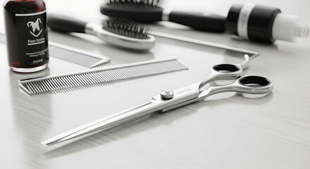 Close up of grooming tools including scissors combs and brushes on a white surface for pet care ai generated