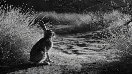 A monochromatic image of a bunny perched in the center of a gravel road amidst greenery