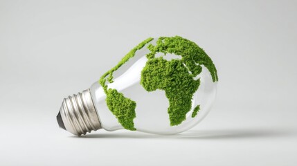 A light bulb with a globe of the earth on it. The globe is green and has a lot of plants on it