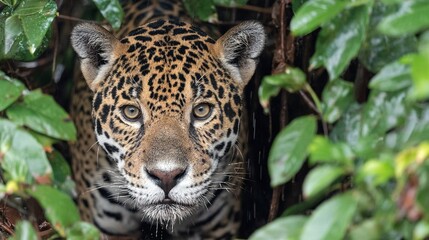 Obraz premium A close-up of a leopard's face peeks through green leaves on a bush