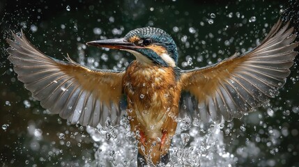   A close-up of a bird in water with spread wings and head raised
