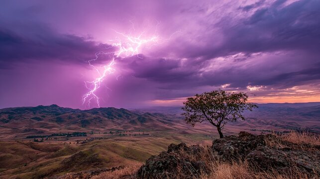   A tree on a hill under a purple sky with lightning bolt above valley and mountains - Powered by Adobe