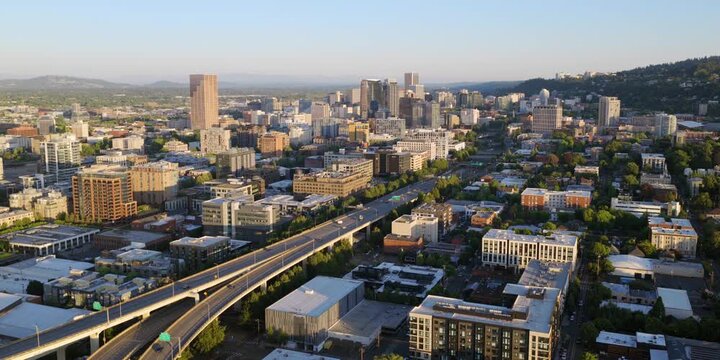 Portland Oregon - Aerial View of Highway 405 Through Downtown Portland at Sunset