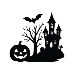 Halloween Silhouette Set with Witch on Broom, Haunted House, Pumpkin, and Bat