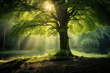 Naklejka premium Tree in tranquil meadow forest light landscape.