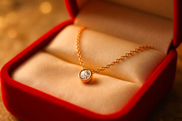 Fototapeta premium Elegant gold necklace with a sparkling diamond pendant in a red velvet box