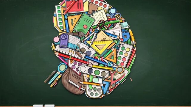 Brain Made of School Supplies on Chalkboard