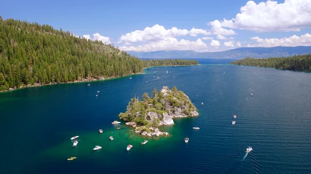 Lake Tahoe - Aerial CCW Rotation Around Emerald Bay on Sunny Summer Day With Boats Anchored Around Island