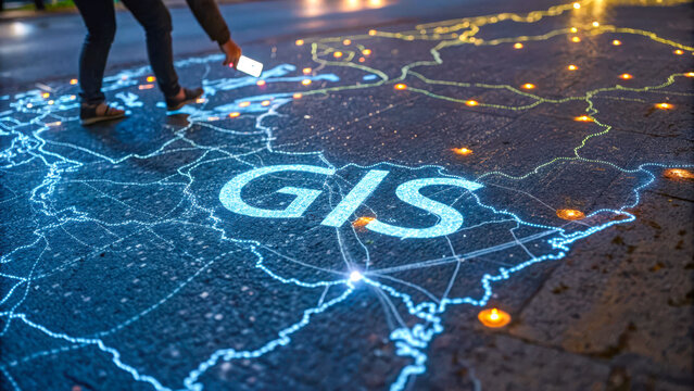 A glowing gis map projected on the ground with a person holding a phone