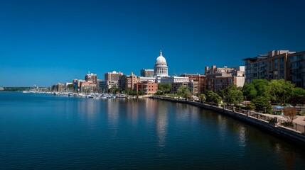 Scenic downtown skyline of Madison, Wisconsin with capitol building at sunset