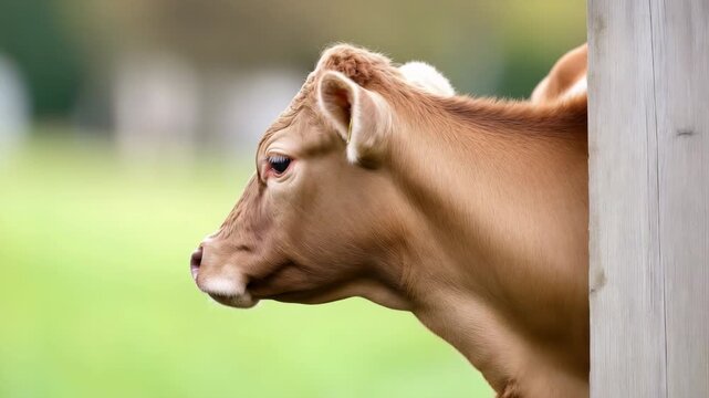 Curious cow peeking and observing in lush green pasture with pensive expressions