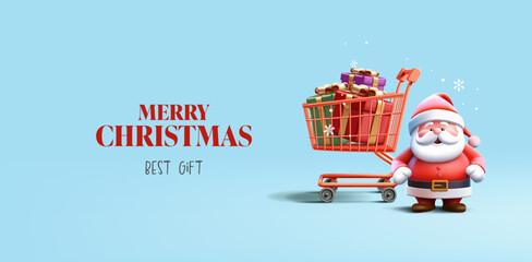 Merry Christmas banner. Best gifts for the holidays. 3D Santa Claus, shopping cart with best gifts. For special offer concepts. Vector illustration. © YarM