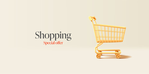 Yellow shopping cart, 3D. Empty cart, for shopping concepts, buying products and goods. Hardware store, pharmacies, clothing stores. Vector illustration.