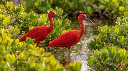 Naklejka premium A pair of red birds perched on a verdant tree in the dense forest, surrounded by an abundance of vibrant foliage