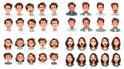 Fun cartoon character face pack showing various male and female facial expressions, including emotions like happy, sad, angry, surprised — ideal for animation and games.

