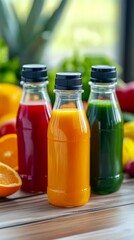 Assorted detox juice bottles in sunny kitchen interior