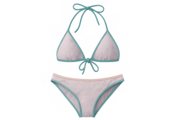 Pink and teal bikini swimwear lying flat, transparent backdrop highlighting summer fashion design elements