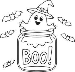 Spooky Cute Halloween Potion Ghost Coloring Pages – Kawaii Ghost in Magic Potion Bottle Line Art