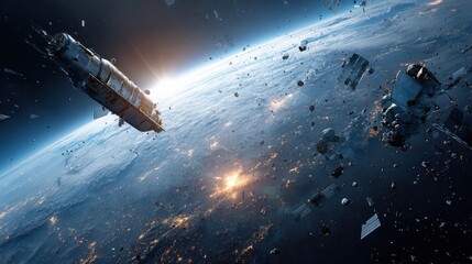 Obraz premium space debris damaged satellites earth