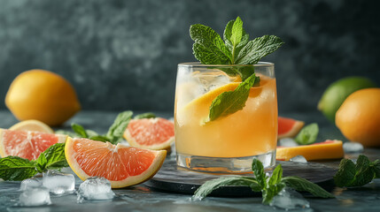 A refreshing glass of lemonade with ice cubes, mint sprigs and sliced citrus fruits