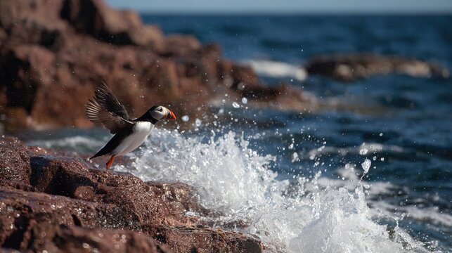A black-and-white bird soaring above a rocky coastline by the water's edge, where waves crash against the shore - Powered by Adobe