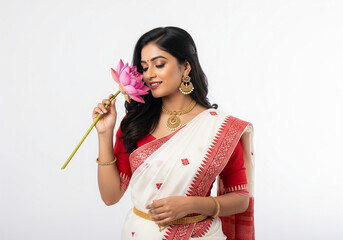 Indian woman wearing a traditional white and red saree poses gracefully with a holding a of lotus flower against a white background.