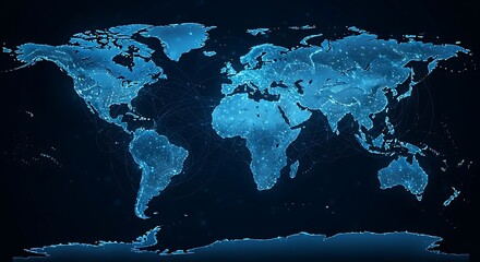Global network map with glowing points and lines.