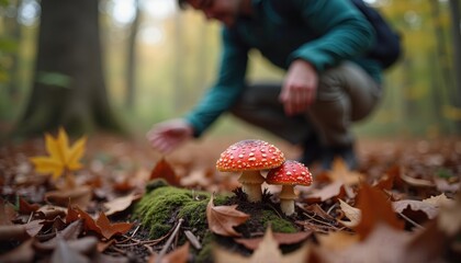 Hiker examining bright red mushrooms on forest floor surrounded by autumn leaves, nature appreciation concept.