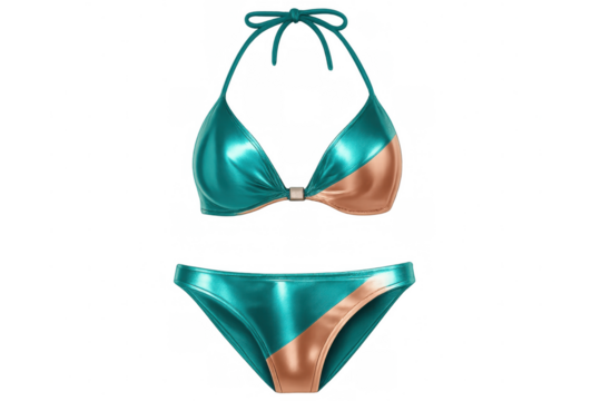 Turquoise and gold two-tone bikini isolated on transparent background, perfect for summer and beachwear projects