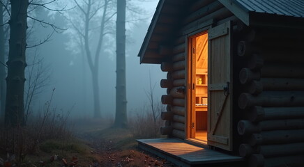 Obraz premium Wooden cabin door slightly ajar revealing warm interior lights in dense fog, minimalist forest escape concept.